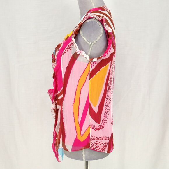 Diane Von Furstenberg Top Womens 10 Pink Yellow Silk Blouse Chiffon Ruffle Front - Picture 12 of 16